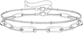 MILACOLATO 925 Sterling Silver Clasp Paperclip Chain Bracelets 14K White Gold Plated Solid Diamond-Cut Paperclip Chain Women Bracelet Adjustable Layered Satellite Beads Bracelets for Women