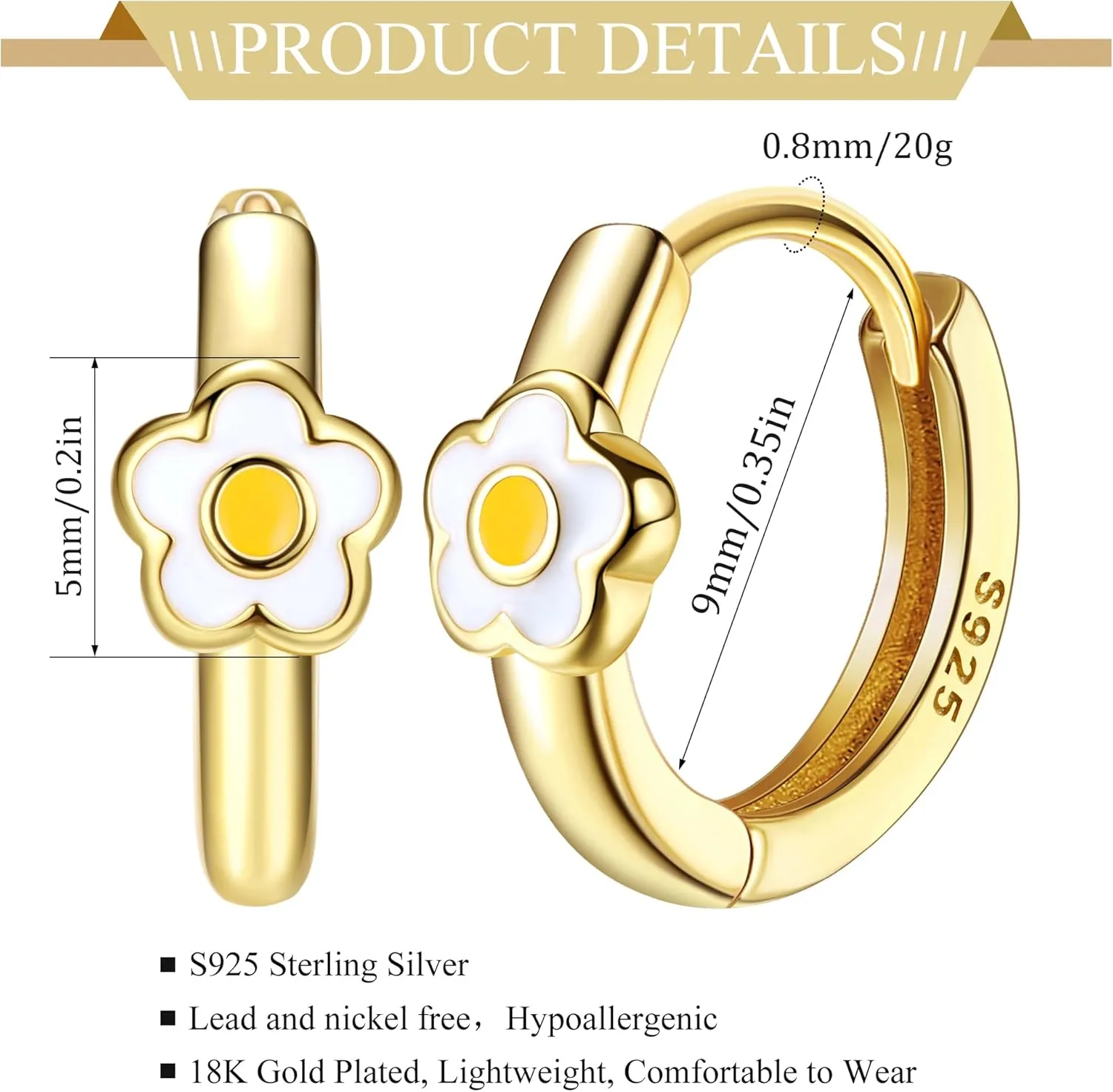 MILACOLATO 925 Sterling Silver Small Hoop Earrings Toddler 18K Gold Plated Daisy Earrings Pink Yellow FLower Huggie Hoop Earrings for Women Hypoallergenic Earrings for Sensitive Ears