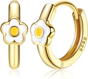 MILACOLATO 925 Sterling Silver Small Hoop Earrings Toddler 18K Gold Plated Daisy Earrings Pink Yellow FLower Huggie Hoop Earrings for Women Hypoallergenic Earrings for Sensitive Ears