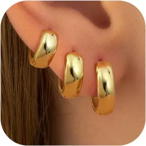 MILACOLATO Gold Hoop Earrings Set for Women 14K Gold Filled Sterling Silver Posts Small Chunky Hoop Earrings Hypoallergenic Trendy Gold Huggie Earrings Stacks 3Pairs