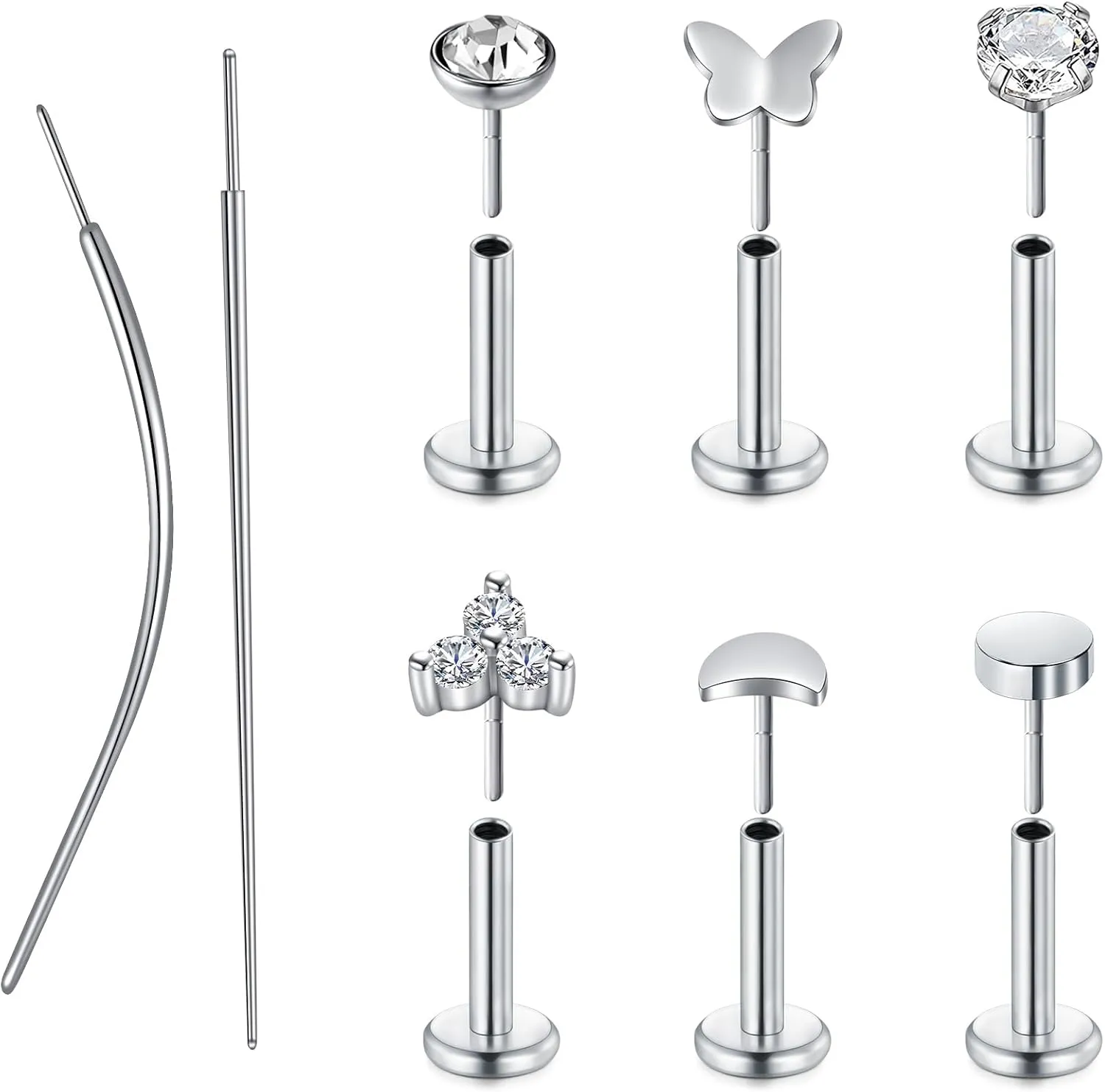 MODRSA Silver & Gold Threadless Nose Studs 20g & 18g Flat Back, Cartilage & Conch Earring Studs for Women 6mm & 8mm