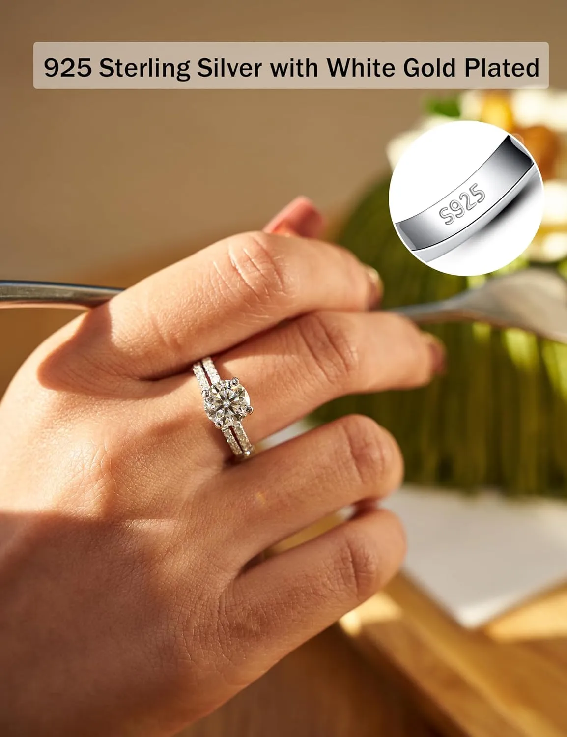 Moissanite Engagement Ring for Women Solitaire Rings with 18K White Gold Plated D Dolor Sterling Silver Engagement Ring for Women Fake Engagement Ring Promise Rings for Her