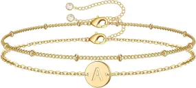 MONOZO Gold Initial Bracelets for Women Mothers Day Gifts, Dainty 14K Gold Plated Layered Beaded Letter Initial Bracelet Personalized 26 Alphabet Disc Monogram Charm Bracelet Mothers Day Gifts for Mom