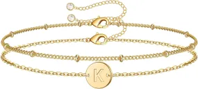 MONOZO Gold Initial Bracelets for Women Mothers Day Gifts, Dainty 14K Gold Plated Layered Beaded Letter Initial Bracelet Personalized 26 Alphabet Disc Monogram Charm Bracelet Mothers Day Gifts for Mom