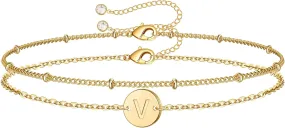 MONOZO Gold Initial Bracelets for Women Trendy - Dainty 14K Gold Filled Layered Beaded Letter Initial Bracelet Personalized 26 Alphabet Disc Monogram Charm Bracelet Gpld Jewelry Gifts for Her