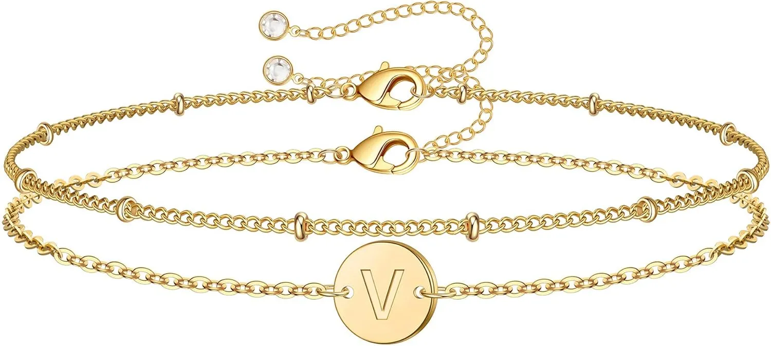 MONOZO Gold Initial Bracelets for Women Trendy - Dainty 14K Gold Filled Layered Beaded Letter Initial Bracelet Personalized 26 Alphabet Disc Monogram Charm Bracelet Gpld Jewelry Gifts for Her