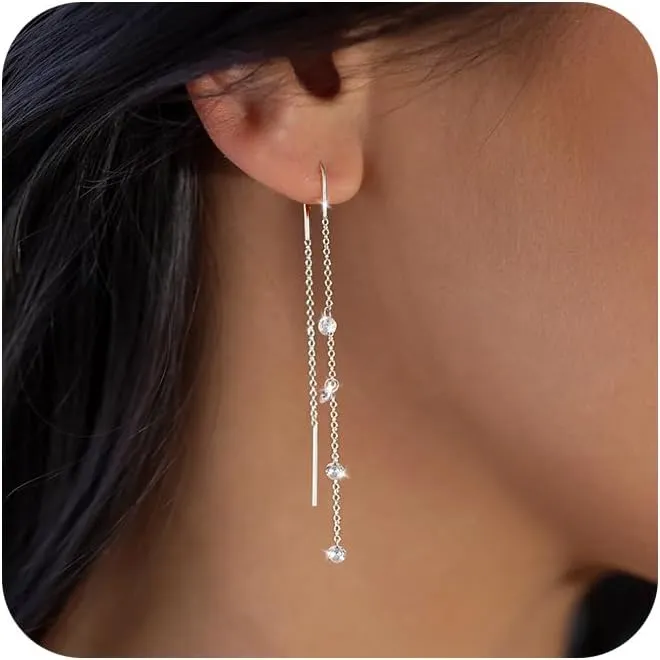 Moodear Dangle Earrings for Women - Dainty 14K Gold/Silver Plated Stack Long Drop Chain Earring Hypoallergenic Cubic Zirconia Hoop Stud Earrings Non Tarnish Trendy Jewelry Set