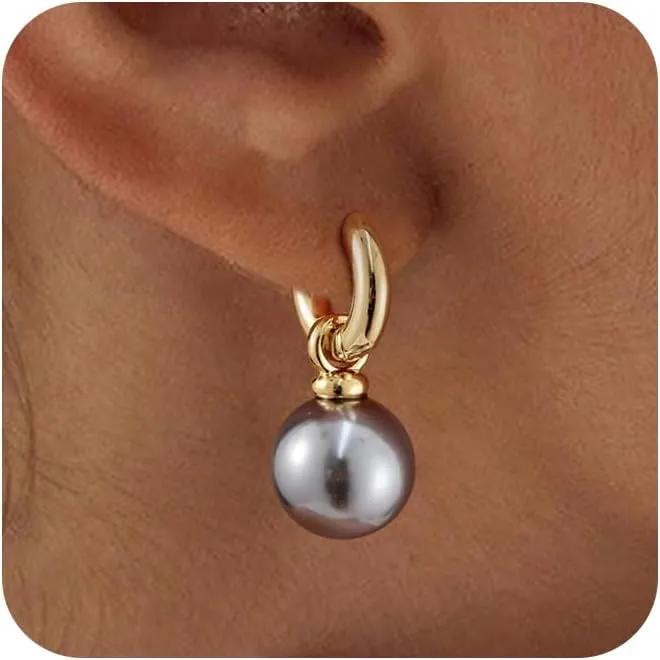 Moodear Pearl Earrings for Women Trendy 14K Gold Plated/925 Sterling Silver Pearl Drop Hoop Earrings Elegant Hypoallergenic Gold Pearl Dangle Earrings Wedding Jewelry Gifts for Women