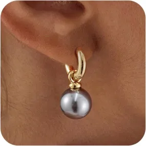 Moodear Pearl Earrings for Women Trendy 14K Gold Plated/925 Sterling Silver Pearl Drop Hoop Earrings Elegant Hypoallergenic Gold Pearl Dangle Earrings Wedding Jewelry Gifts for Women