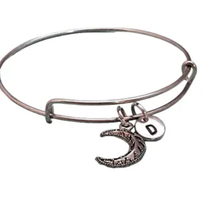 Moon bangle, moon charm bracelet, crescent moon charm, expandable bangle, charm bangle, personalized bracelet, initial bracelet, monogram
