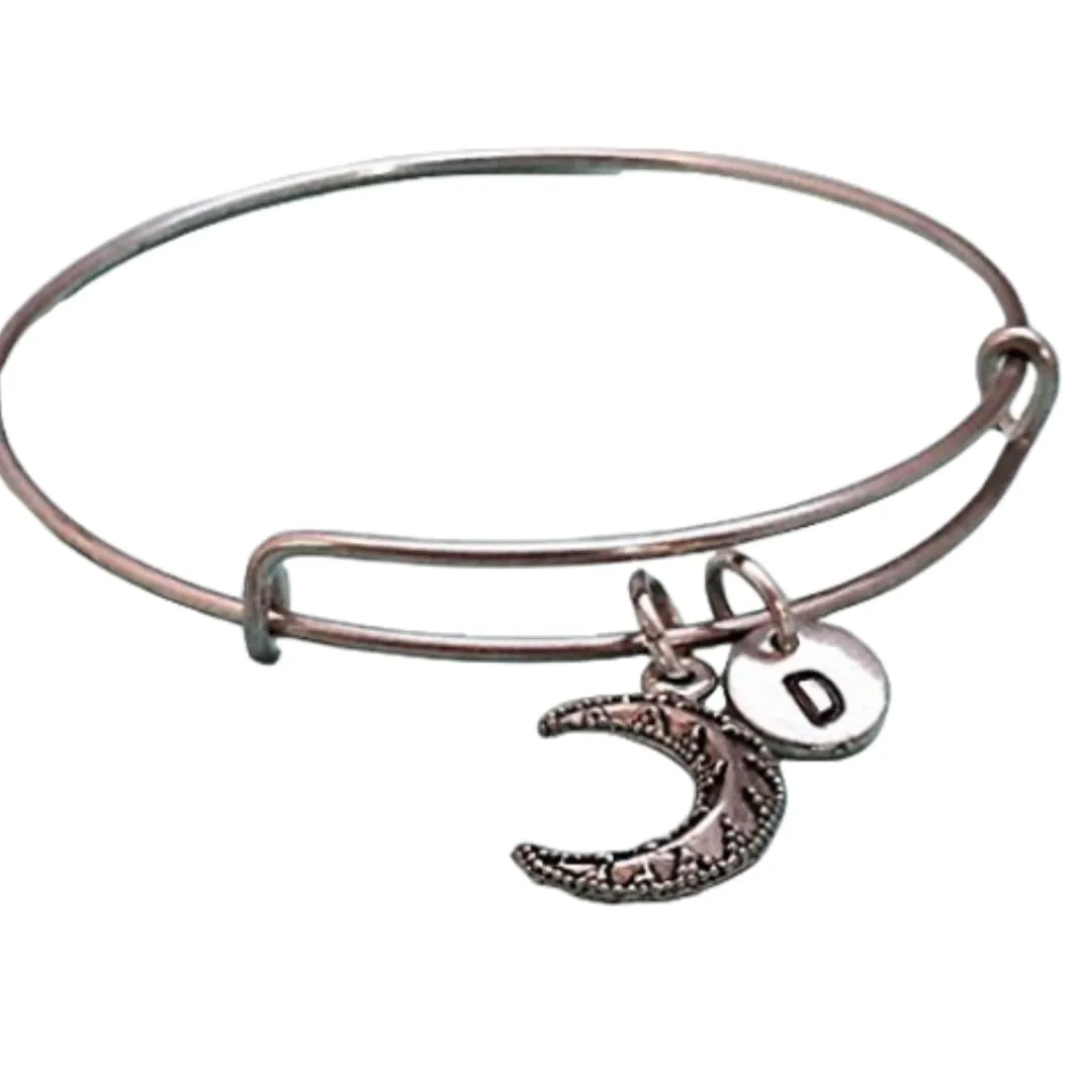 Moon bangle, moon charm bracelet, crescent moon charm, expandable bangle, charm bangle, personalized bracelet, initial bracelet, monogram