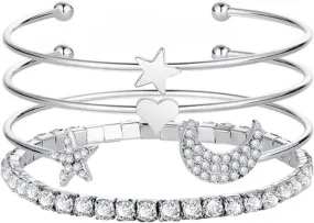 Moon Star Bracelet Hand Chain Boho Rhinestone Bracelet Cz Tennis Chain Bracelets Open Cuff Silver Bracelets Set Jewelry for Women 4piece set