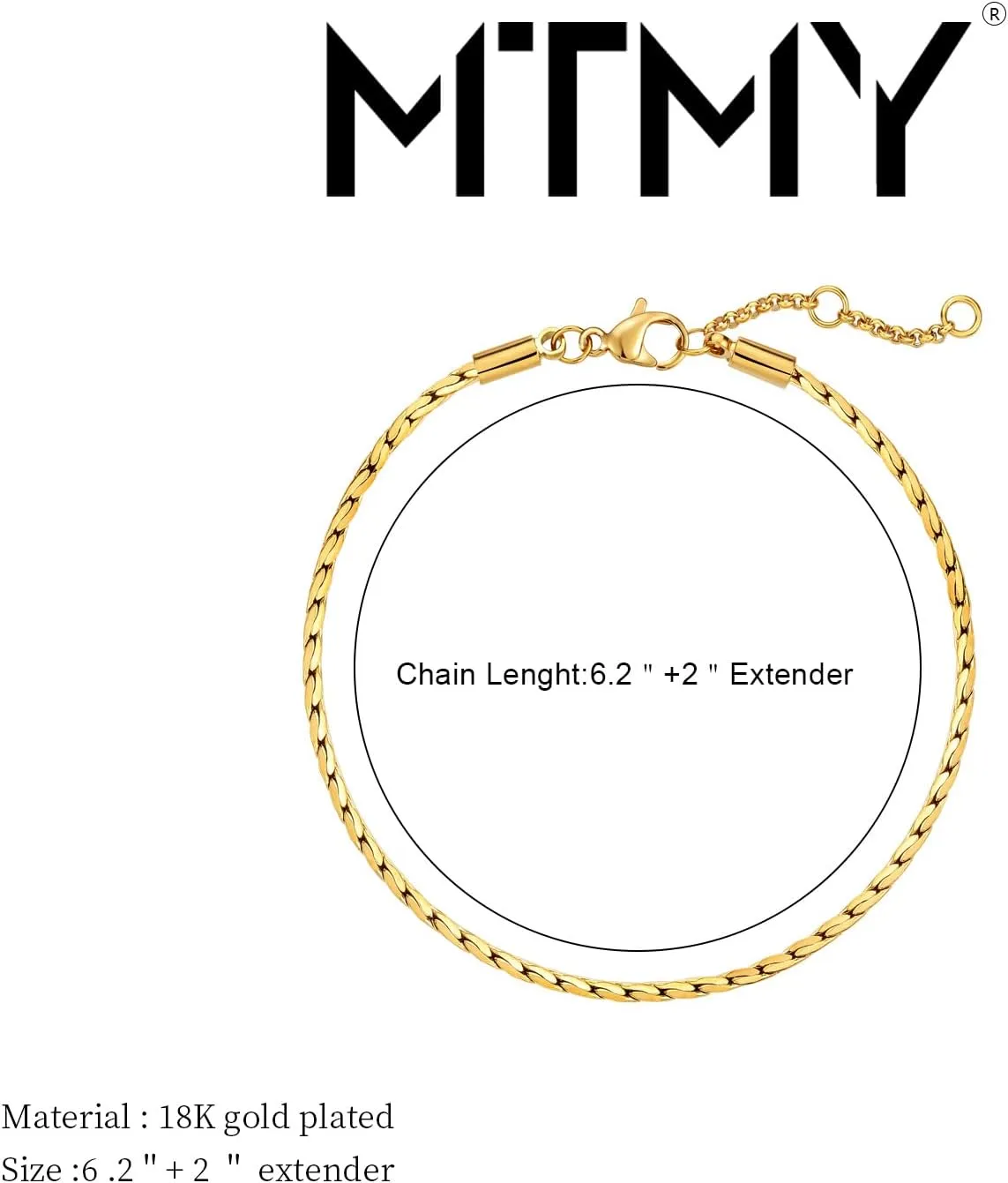 MTMY Gold Chain Bracelet for Women,18K Gold Vacuum Plated Dainty Adjustable Link Bracelet Snake Chain/Beads Chain/Heart Chain/Paperclip Chain Bracelet