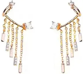 Multilayer Gold Chain Tassel Non-Piercing Ear Clip.Rhinestone Ear Cuff Earrings Link Dangle Earrings Fashion Jewelry Gifts for Women