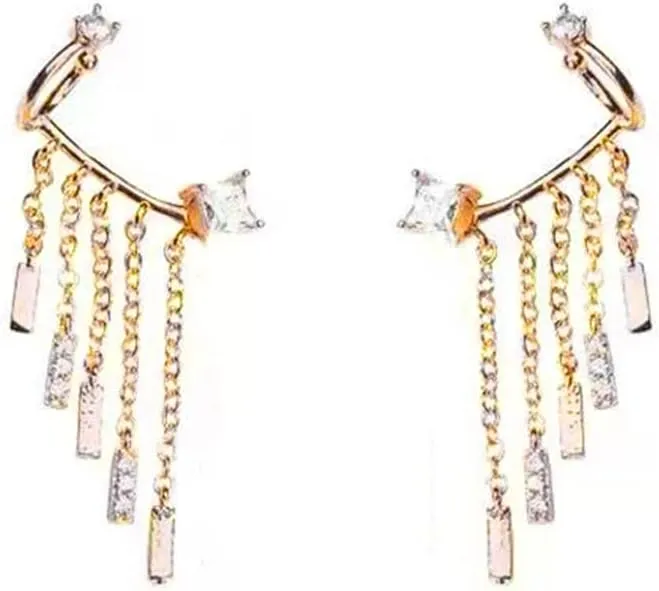Multilayer Gold Chain Tassel Non-Piercing Ear Clip.Rhinestone Ear Cuff Earrings Link Dangle Earrings Fashion Jewelry Gifts for Women