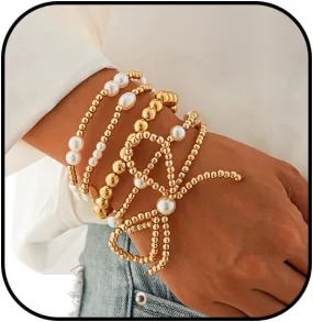 NIQIPOK Gold Bow Bracelet for Women Gold Beaded Bracelet Pearl Bead Bracelet Stackable Stretch Bead Ball Bracelet Gold Statement Jewelry Accessories