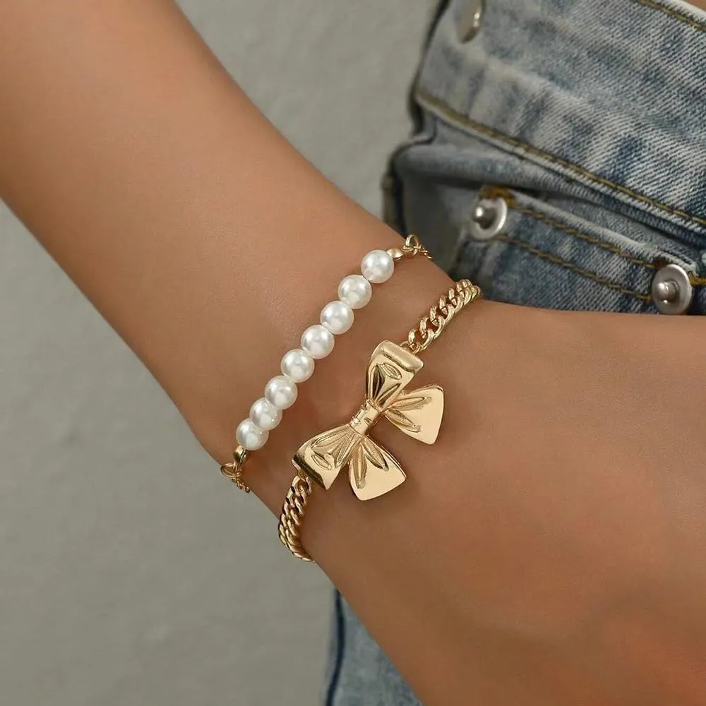 NIQIPOK Gold Bow Bracelet for Women Gold Beaded Bracelet Pearl Bead Bracelet Stackable Stretch Bead Ball Bracelet Gold Statement Jewelry Accessories