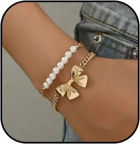 NIQIPOK Gold Bow Bracelet for Women Gold Beaded Bracelet Pearl Bead Bracelet Stackable Stretch Bead Ball Bracelet Gold Statement Jewelry Accessories