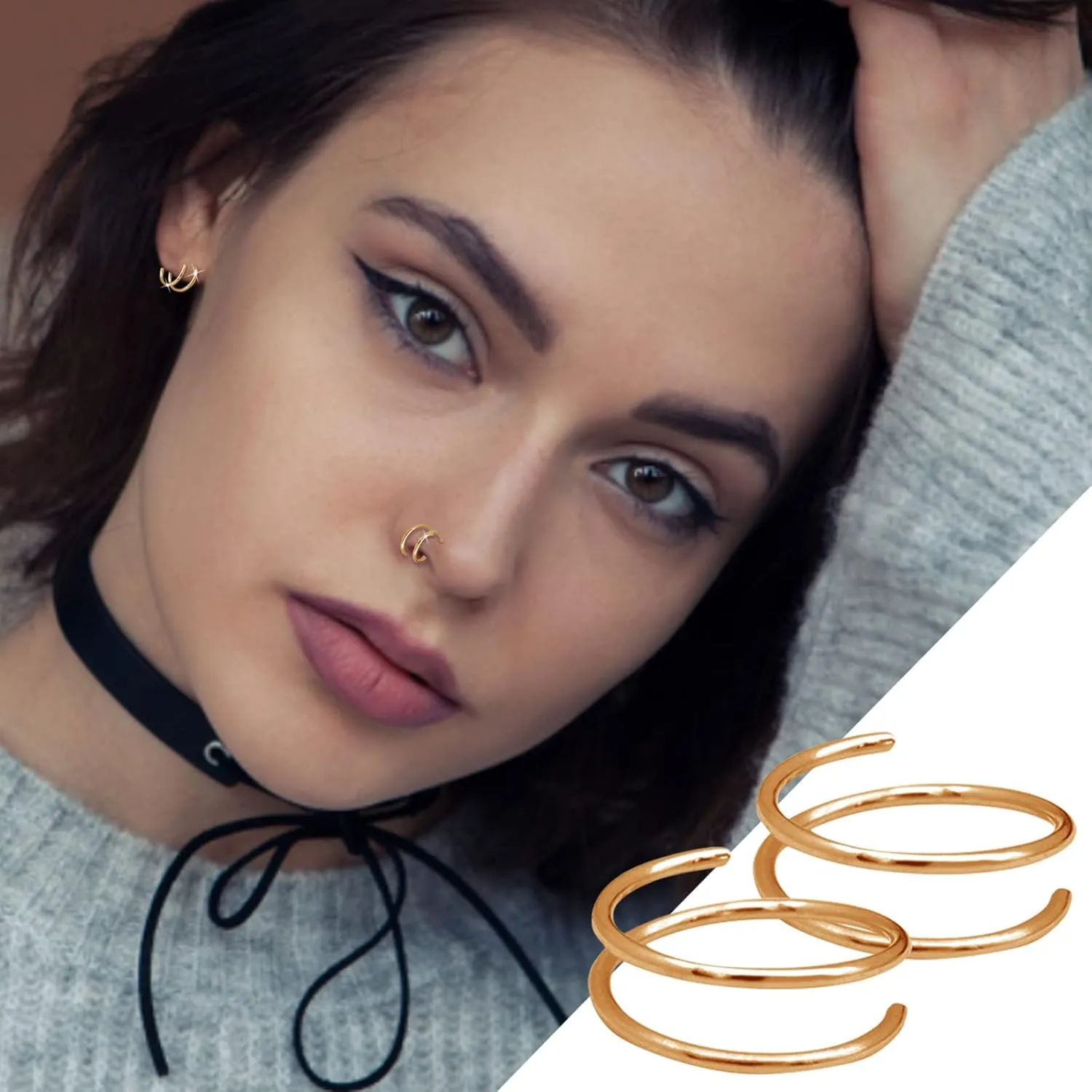 Nose Double for Women Nostril Hoop Jewelry Hoop Nose Nose Ring Nose Piercing Ring for Nose Earrings for (Gold, One Size)