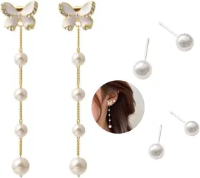 One Boho Pearl Drop Dangle Earring & Two Size Pearl Stud Earrings Gold Long Tassel Pearl Earrings Tiny Pearl Chain Earrings Vintage Earrings Jewelry for Women