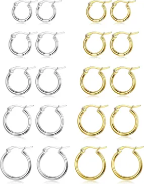 ORAZIO 14K Real Gold Plated Huggie Hoop Earrings Sets, 10 Pairs Hypoallergenic 316L Stainless Steel Silver Small Hoop Earrings Non-tarnish for Sensitive Ears, 24/7 Lightweight Dainty Endless Cartilage Jewelry for Women Men 6-18MM