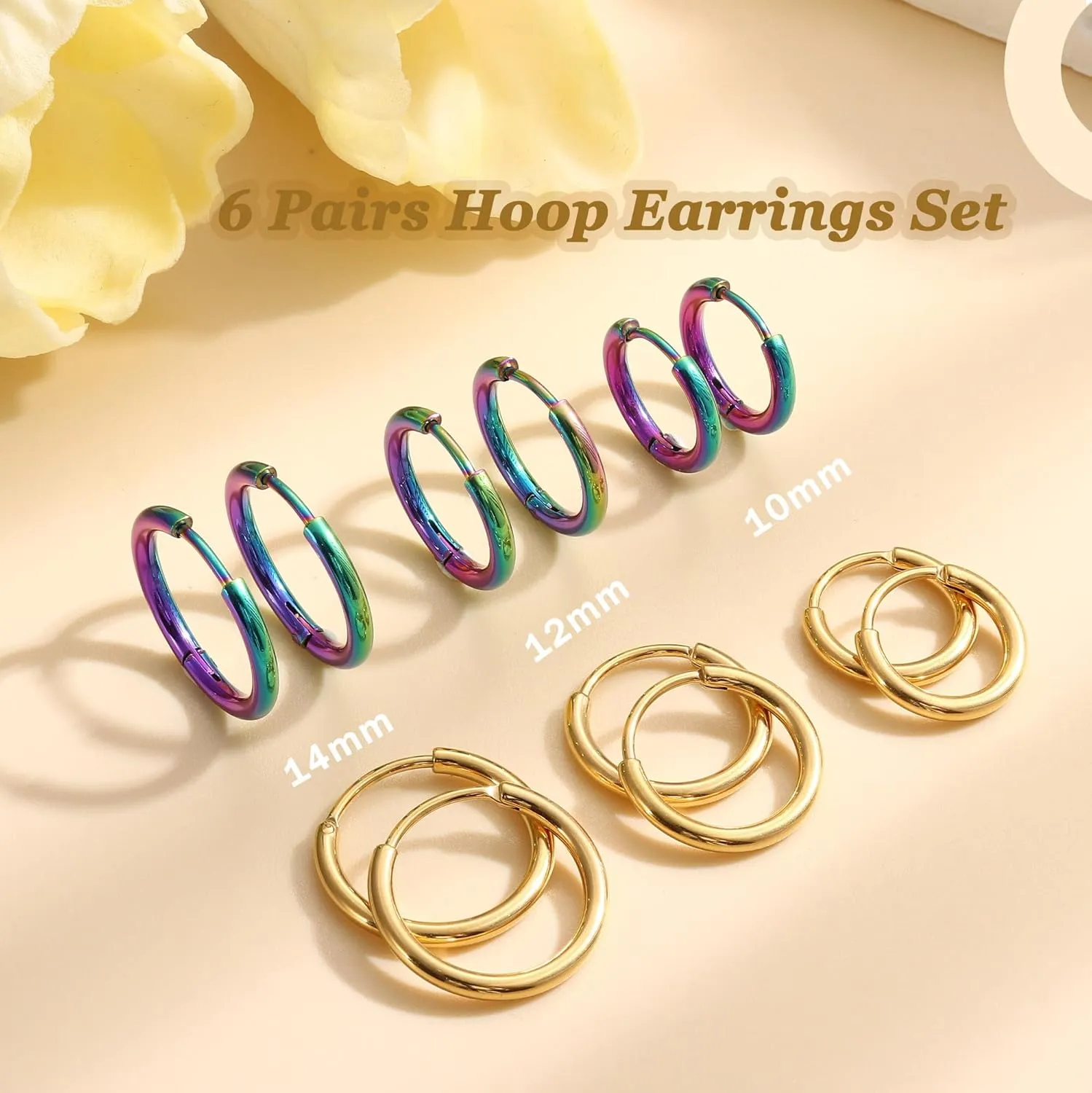 ORAZIO 14K Real Gold Plated Huggie Hoop Earrings Sets, 10 Pairs Hypoallergenic 316L Stainless Steel Silver Small Hoop Earrings Non-tarnish for Sensitive Ears, 24/7 Lightweight Dainty Endless Cartilage Jewelry for Women Men 6-18MM