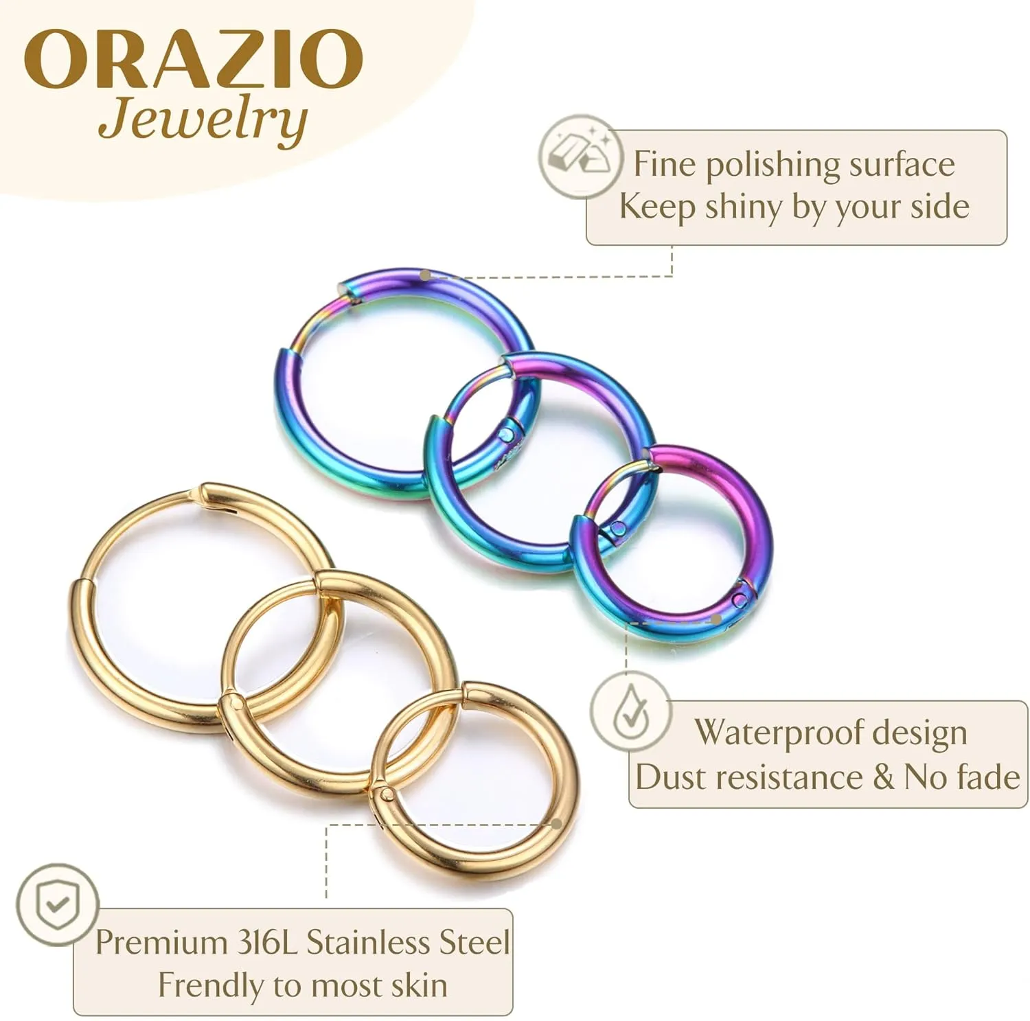 ORAZIO 14K Real Gold Plated Huggie Hoop Earrings Sets, 10 Pairs Hypoallergenic 316L Stainless Steel Silver Small Hoop Earrings Non-tarnish for Sensitive Ears, 24/7 Lightweight Dainty Endless Cartilage Jewelry for Women Men 6-18MM