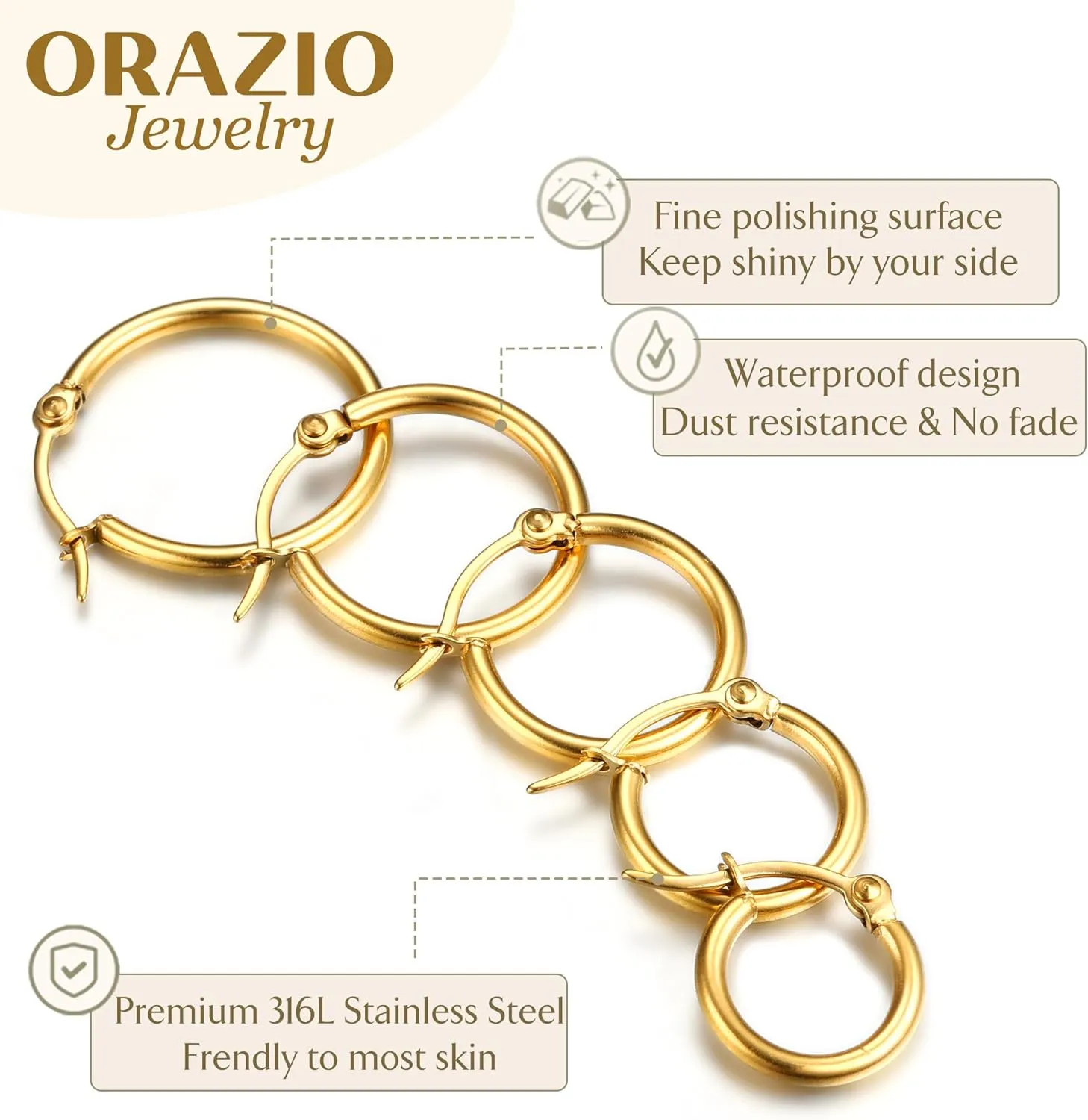 ORAZIO 14K Real Gold Plated Huggie Hoop Earrings Sets, 10 Pairs Hypoallergenic 316L Stainless Steel Silver Small Hoop Earrings Non-tarnish for Sensitive Ears, 24/7 Lightweight Dainty Endless Cartilage Jewelry for Women Men 6-18MM