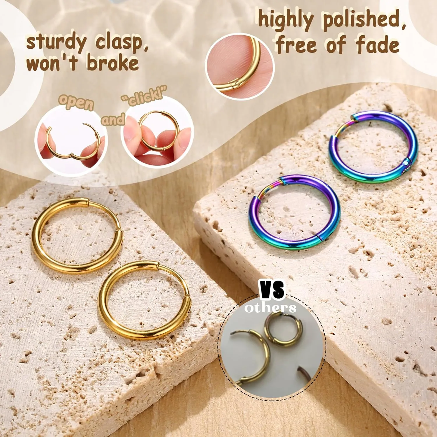 ORAZIO 14K Real Gold Plated Huggie Hoop Earrings Sets, 10 Pairs Hypoallergenic 316L Stainless Steel Silver Small Hoop Earrings Non-tarnish for Sensitive Ears, 24/7 Lightweight Dainty Endless Cartilage Jewelry for Women Men 6-18MM