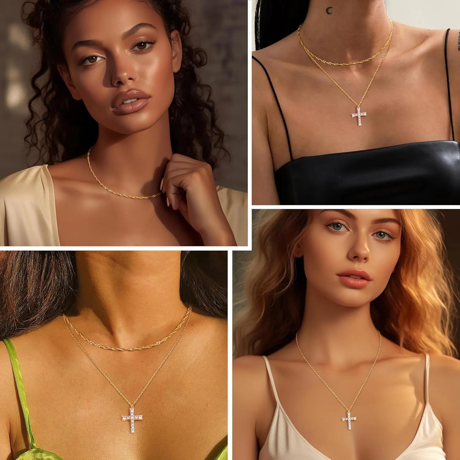 ORAZIO Cross Necklace for Women - 14K Gold Plated Layered Cross Necklace Cute CZ Cross Pendant Necklaces Dainty Sideways Cross Choker Necklaces Minimalist Twisted Chain Necklace Small Cross Layering Necklace Set