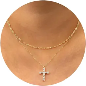 ORAZIO Cross Necklace for Women - 14K Gold Plated Layered Cross Necklace Cute CZ Cross Pendant Necklaces Dainty Sideways Cross Choker Necklaces Minimalist Twisted Chain Necklace Small Cross Layering Necklace Set
