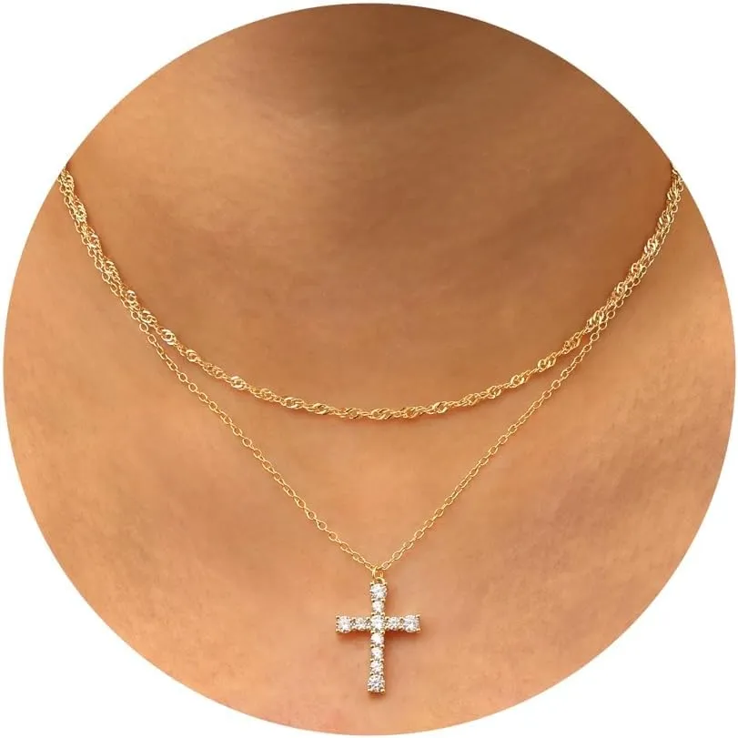 ORAZIO Cross Necklace for Women - 14K Gold Plated Layered Cross Necklace Cute CZ Cross Pendant Necklaces Dainty Sideways Cross Choker Necklaces Minimalist Twisted Chain Necklace Small Cross Layering Necklace Set
