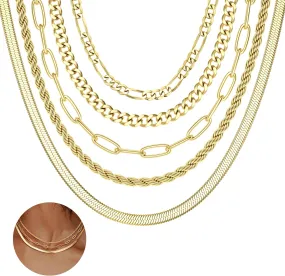 ORAZIO Gold Layered Necklaces for Women 14k Gold Plated Herringbone Necklace Dainty Snake Paperclip Chain Layering Necklaces Gold Choker Necklace Jewelry Set