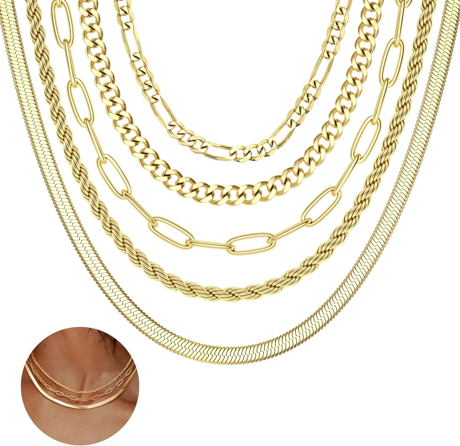 ORAZIO Gold Layered Necklaces for Women 14k Gold Plated Herringbone Necklace Dainty Snake Paperclip Chain Layering Necklaces Gold Choker Necklace Jewelry Set