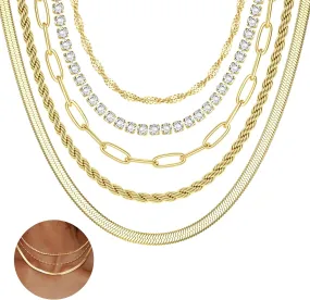 ORAZIO Gold Layered Necklaces for Women 14k Gold Plated Herringbone Necklace Dainty Snake Paperclip Chain Layering Necklaces Gold Choker Necklace Jewelry Set