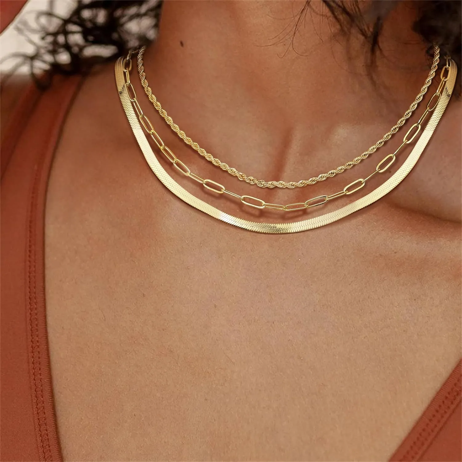 ORAZIO Gold Layered Necklaces for Women 14k Gold Plated Herringbone Necklace Dainty Snake Paperclip Chain Layering Necklaces Gold Choker Necklace Jewelry Set