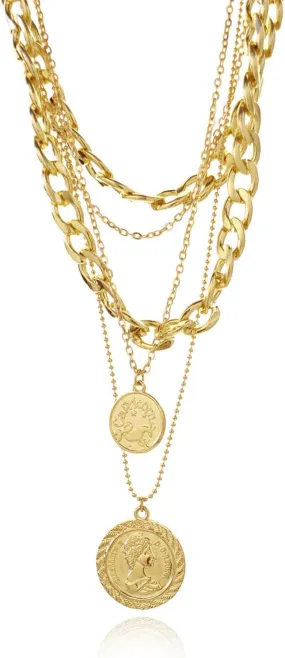 Otxas Gold Layered Chunky Necklace for Women Gold Cuban Link Chain Necklace Retro Coin Pendant Necklace Chunky Gold Choker Necklace for Women Chunky Gold Jewelry