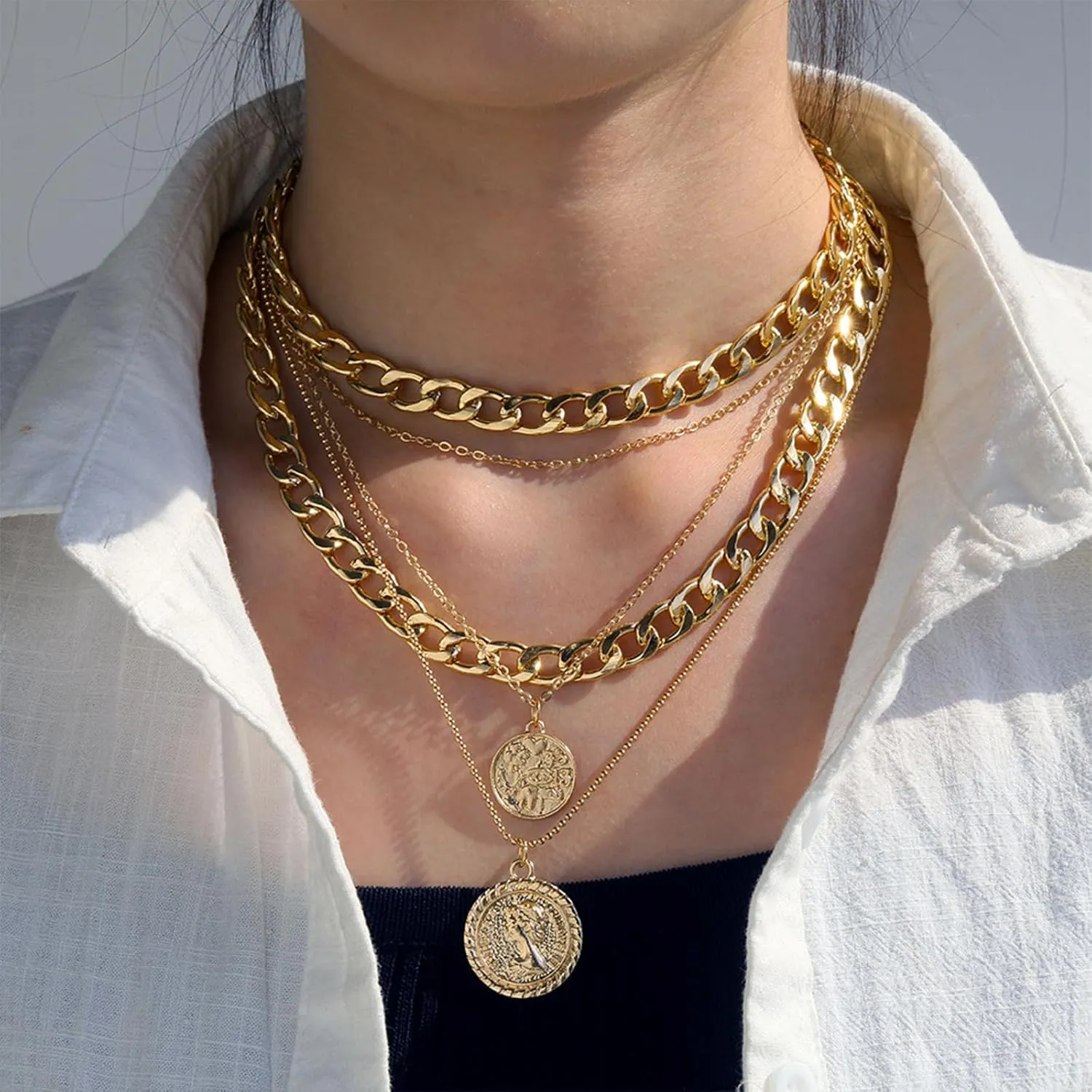 Otxas Gold Layered Chunky Necklace for Women Gold Cuban Link Chain Necklace Retro Coin Pendant Necklace Chunky Gold Choker Necklace for Women Chunky Gold Jewelry