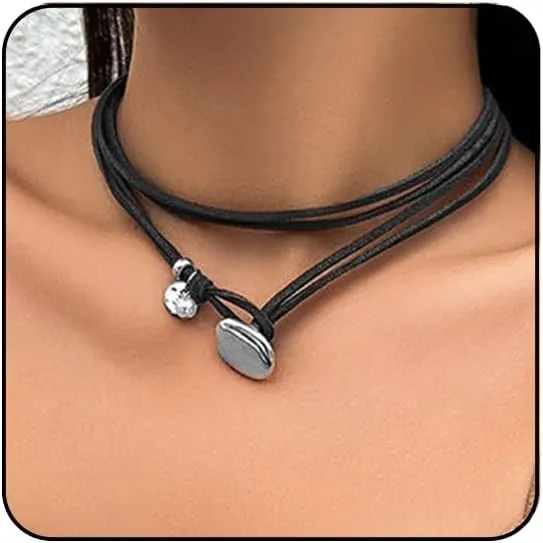 Otxas Western Necklaces for Women Boho Necklace for Women Trendy Black Cord Necklace with Irregularly Pendant Layered Boho Long Necklace for Women Western Jewelry for Women
