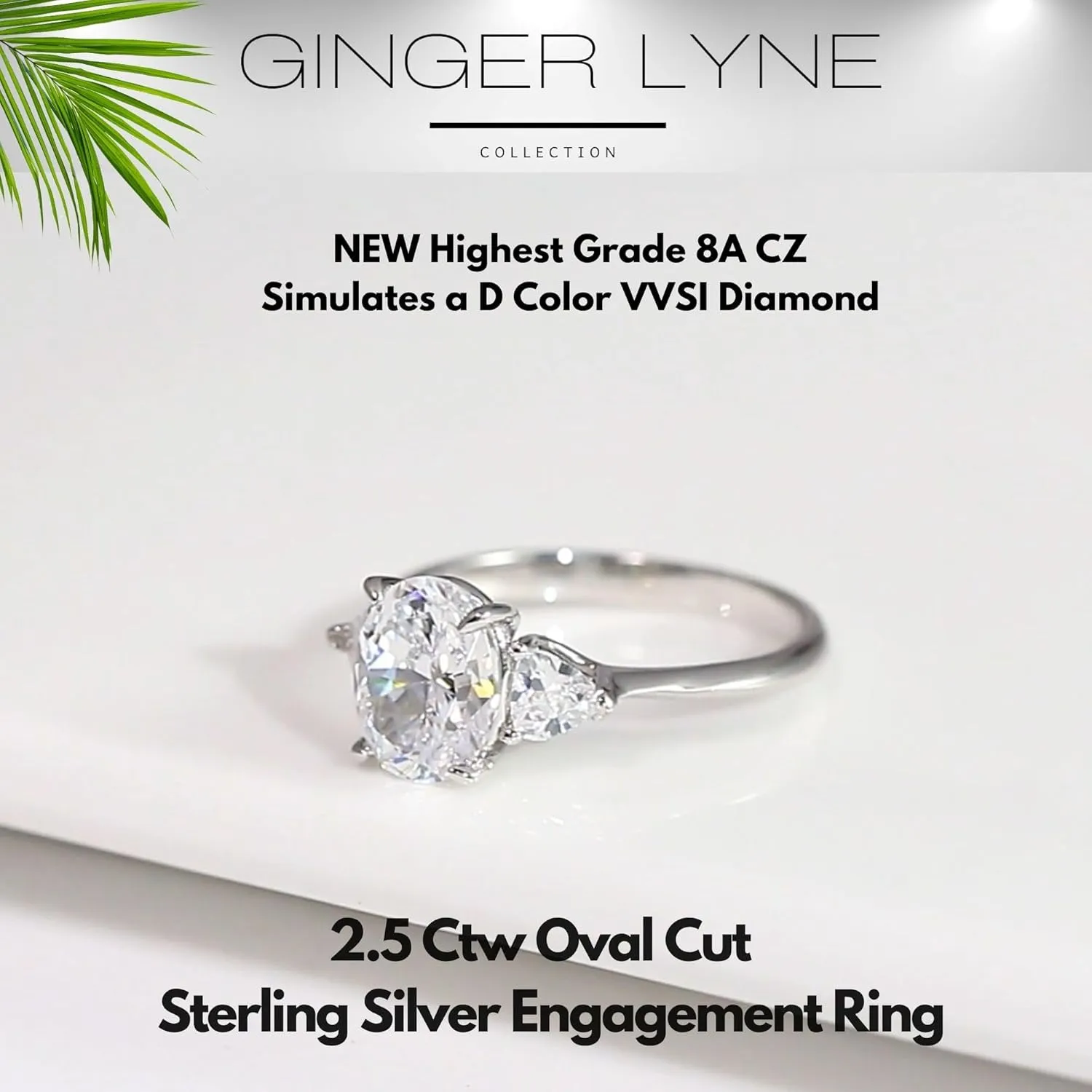 Oval CZ Engagement Rings for Women by Ginger Lyne |2 Ct Faux Diamond Ring | 925 Sterling Silver 14K White Gold Wedding for Women | Travel Promise or Bridal for Her