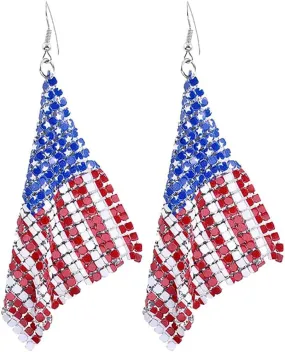 Patriotic Hoop Earrings USA Flg Polymer Clay Crystal Patriotic Round Twisted Flower Shape Red White Blue Hoop Dangle Earrings for Independence Day for Women