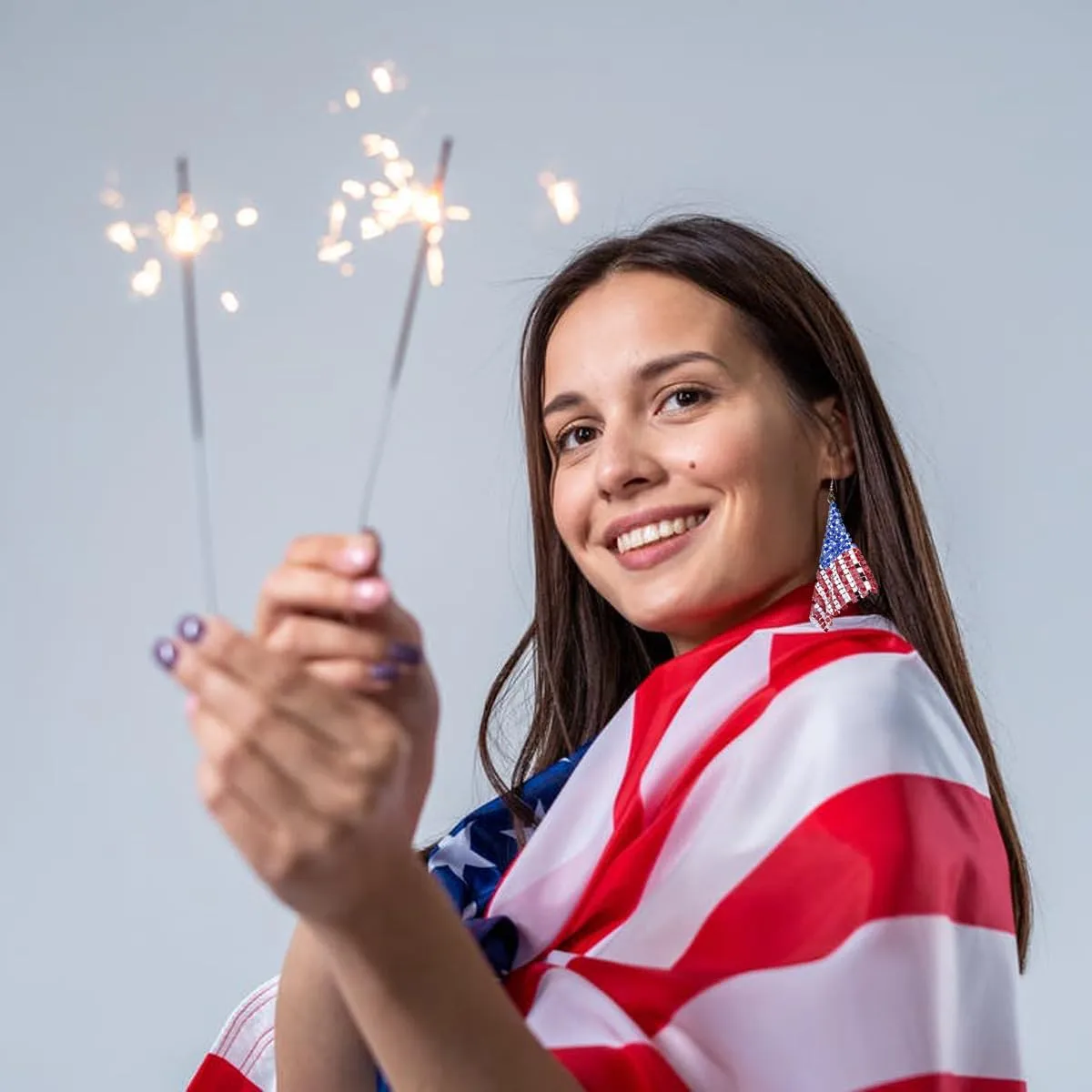 Patriotic Hoop Earrings USA Flg Polymer Clay Crystal Patriotic Round Twisted Flower Shape Red White Blue Hoop Dangle Earrings for Independence Day for Women