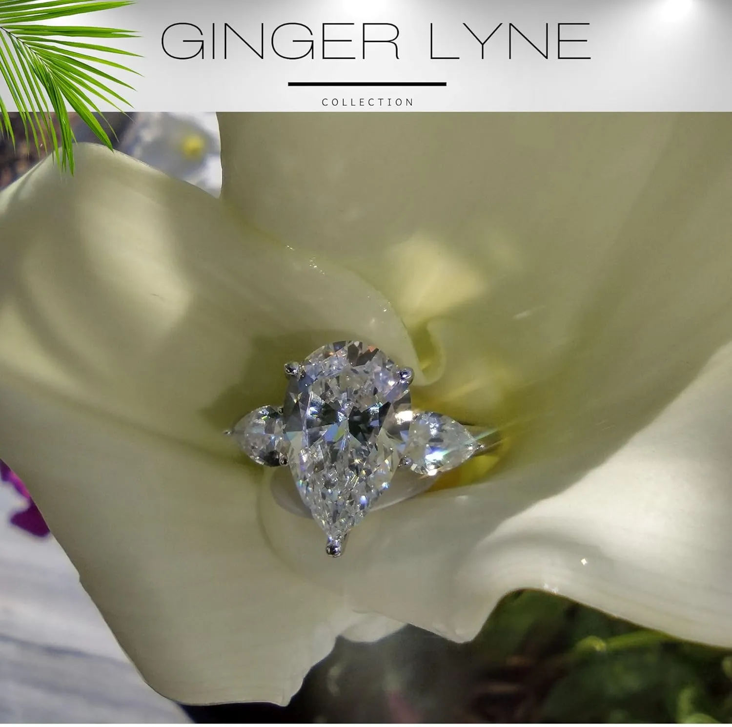 Pear CZ Engagement Rings for Women by Ginger Lyne |3.78 Ct Faux Diamond Ring | 925 Sterling Silver 14K White Gold Wedding for Women | Travel Promise or Bridal for Her