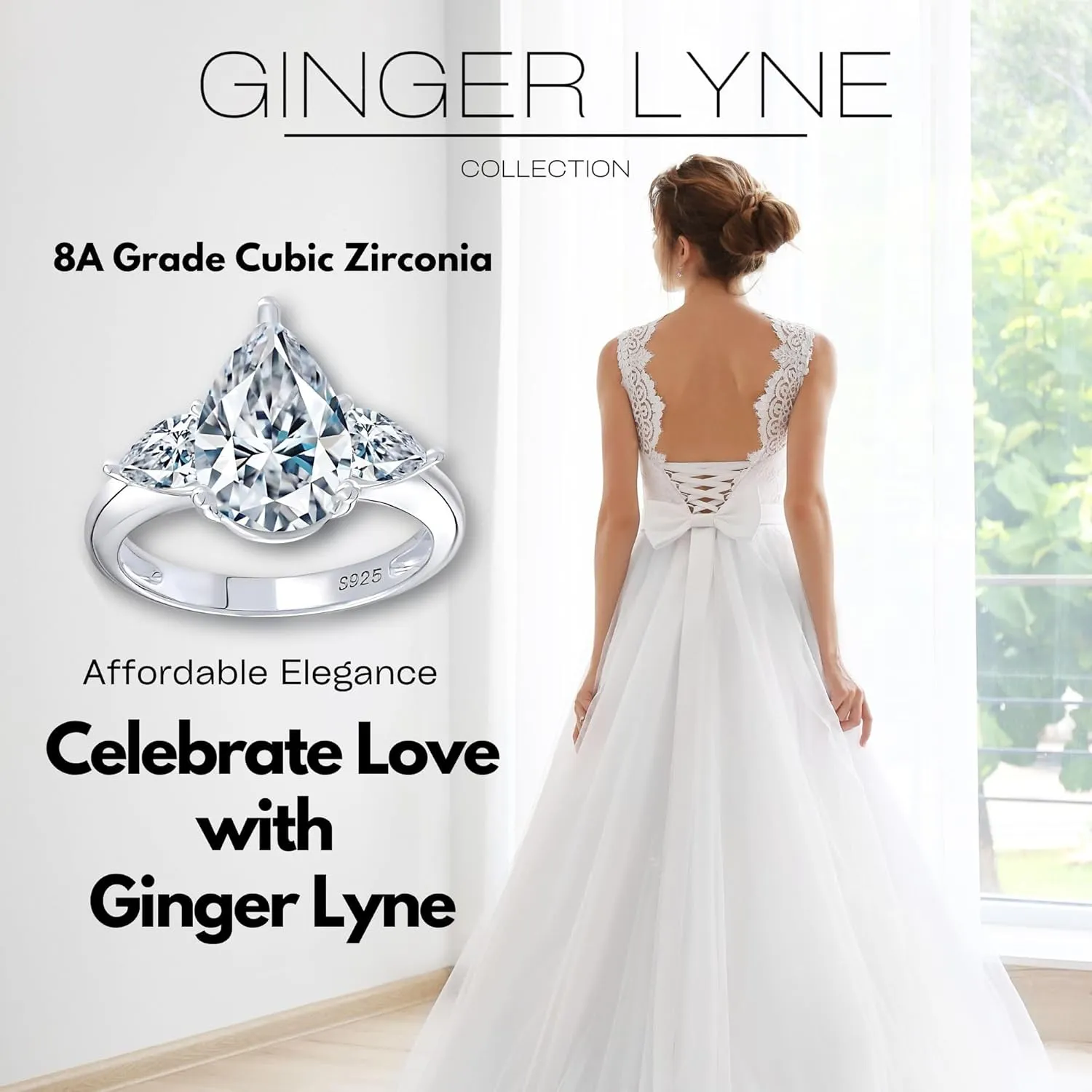 Pear CZ Engagement Rings for Women by Ginger Lyne |3.78 Ct Faux Diamond Ring | 925 Sterling Silver 14K White Gold Wedding for Women | Travel Promise or Bridal for Her