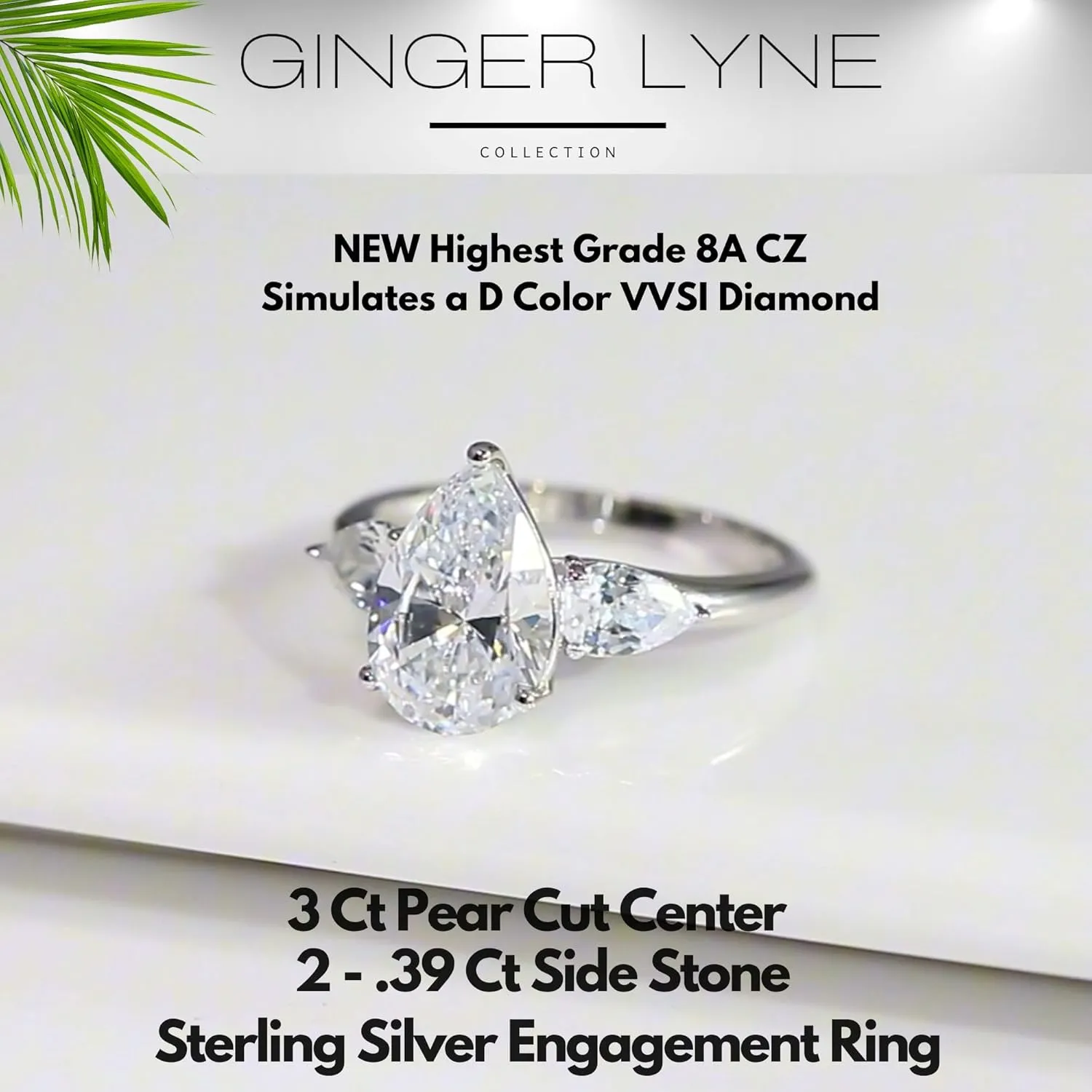 Pear CZ Engagement Rings for Women by Ginger Lyne |3.78 Ct Faux Diamond Ring | 925 Sterling Silver 14K White Gold Wedding for Women | Travel Promise or Bridal for Her