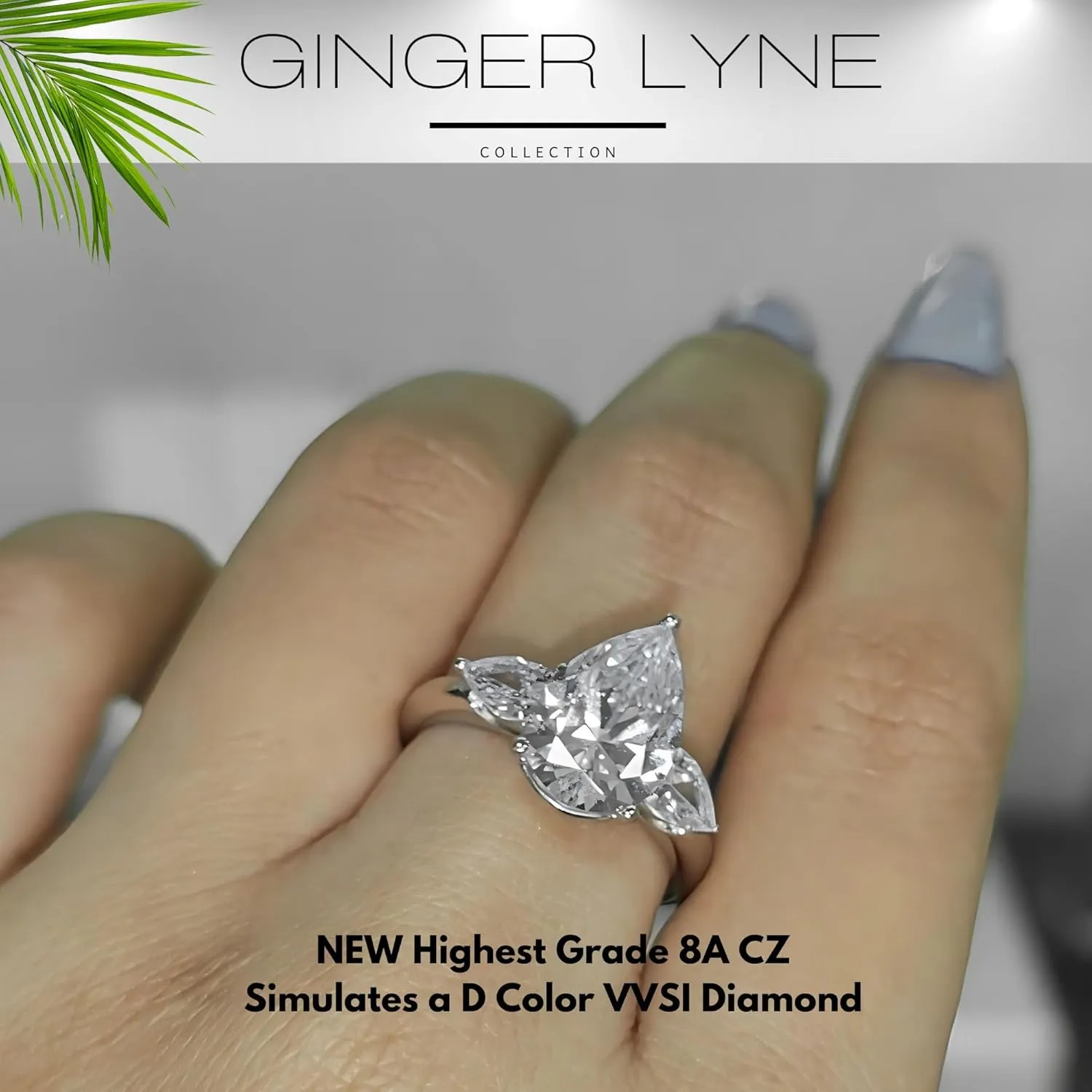 Pear CZ Engagement Rings for Women by Ginger Lyne |3.78 Ct Faux Diamond Ring | 925 Sterling Silver 14K White Gold Wedding for Women | Travel Promise or Bridal for Her