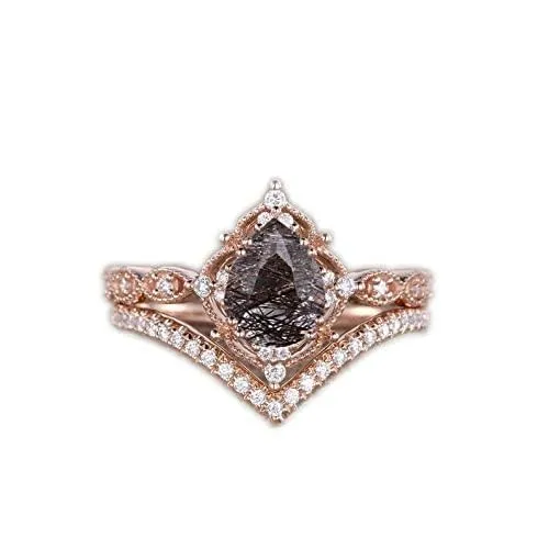 Pear Shaped Black Rutilated Quartz Engagement Ring 2pcs Rose Gold Engagement Ring Antique Stacking Set Chevron Paved Ring Vine Flower Halo, Rose Gold Engagement Ring, Vintage Silver Ring