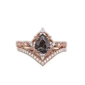 Pear Shaped Black Rutilated Quartz Engagement Ring 2pcs Rose Gold Engagement Ring Antique Stacking Set Chevron Paved Ring Vine Flower Halo, Rose Gold Engagement Ring, Vintage Silver Ring