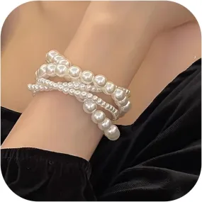 Pearl Bracelet for Women White Pearl Layered Bracelet Chunky Pearl Bracelet