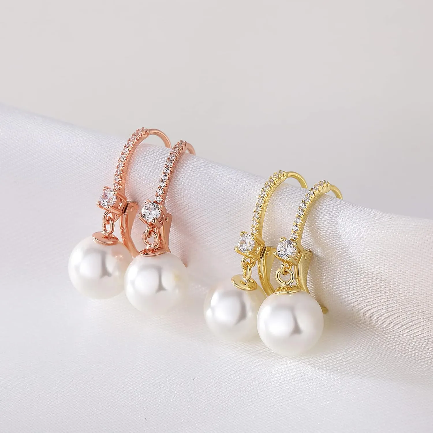 Pearl Dangle Drop Earrings for Women 925 Sterling Silver Pearl Leverback Earrings Cubic Zirconia Pearl Dangling Earrings 10MM